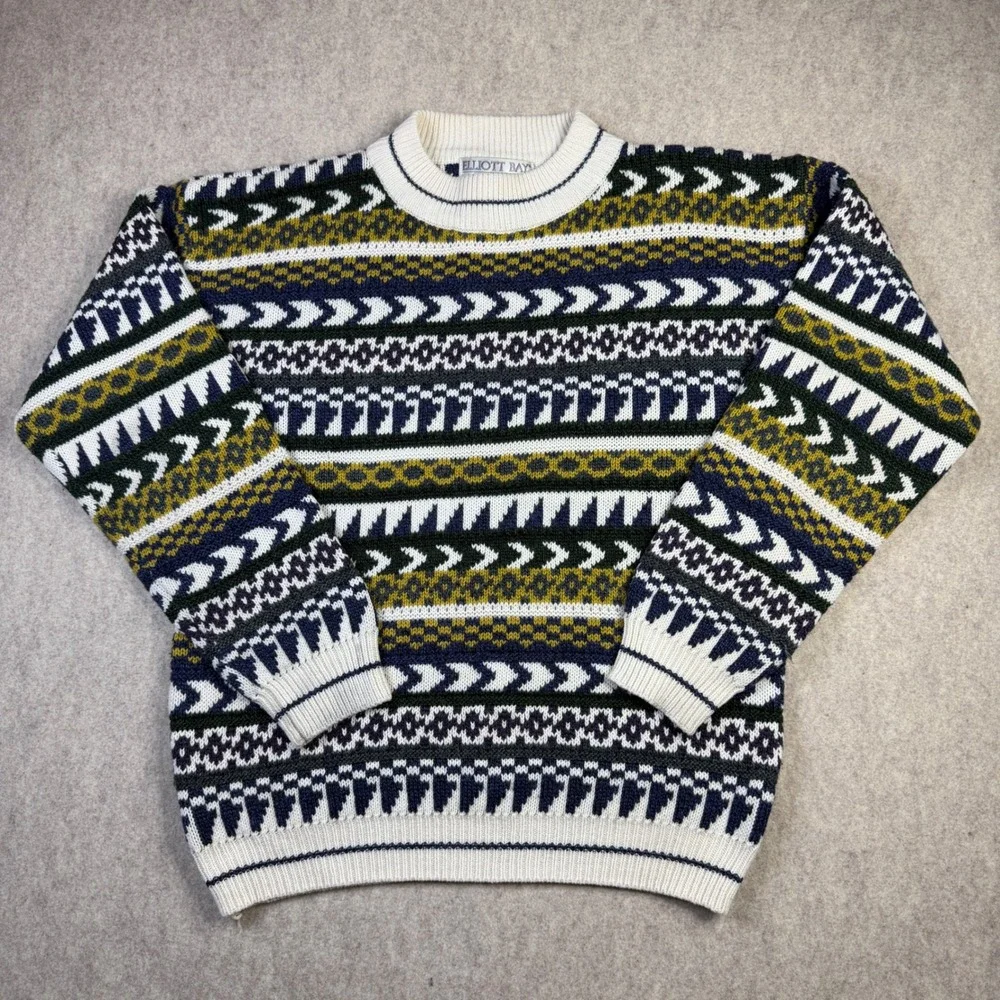 Elliott Bay Vintage Fair Isle Knit Sweater Mens Medium Mohair Blend Geometric